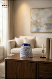 Blue and White Patterned Decorative Vase, Modern Ceramic Flower Holder with Wide Glossy Rim for Living Room, Bedroom, Office, Shelf and Table Décor