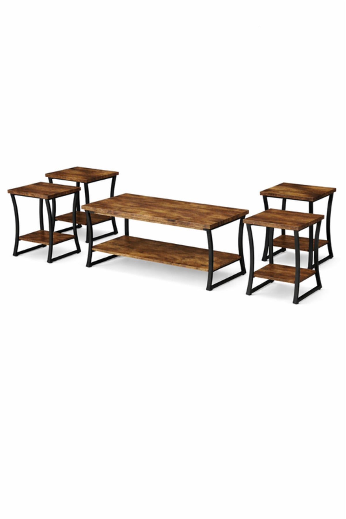 Brown 1+4 Coffee Table Set √ê Rustic Wood and Metal Design with 1 Large and 4 Side Tables