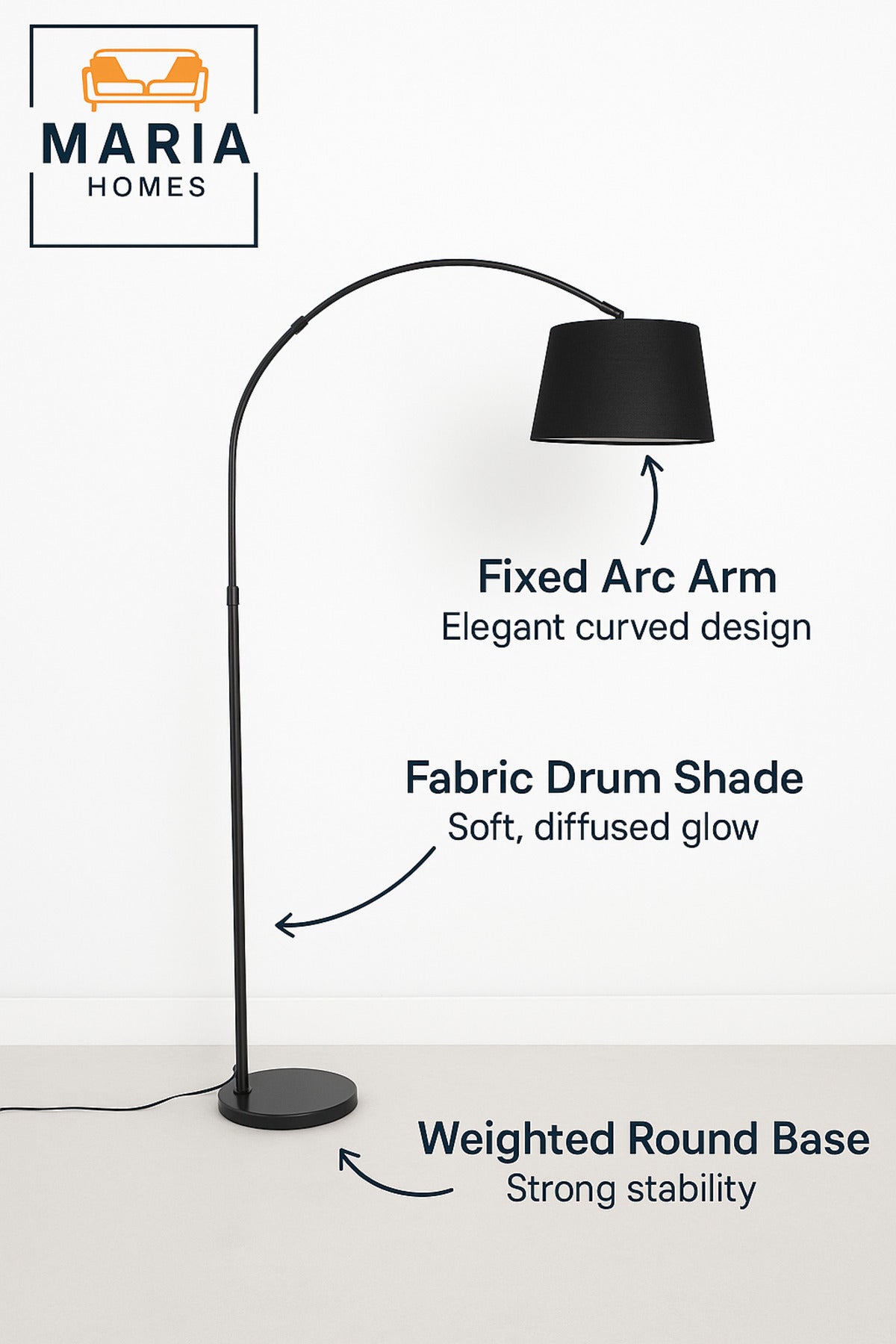 Modern Black Arc Floor Lamp with Black Fabric Shade Ð Stylish Standing Light