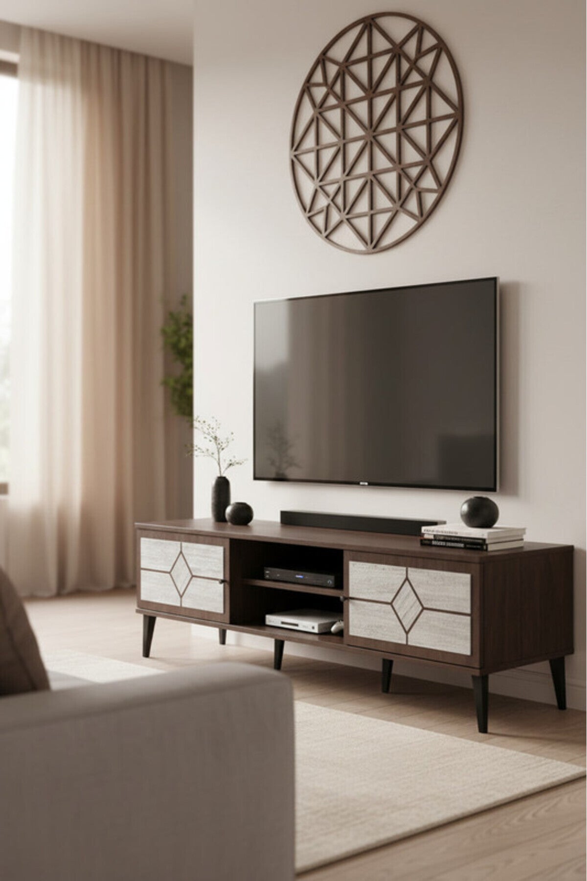 Modern Beige.G TV Table with Open Shelves & Storage Cabinets