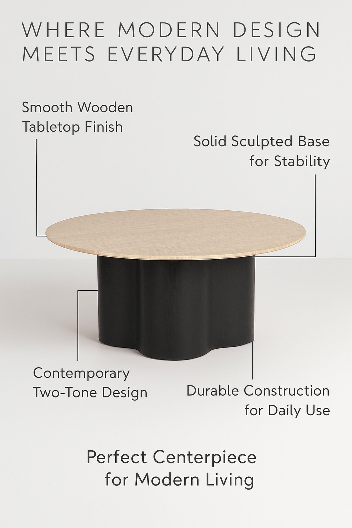 Round Black Coffee Table with Wood Top Ð Modern Center Table 90_45 cm