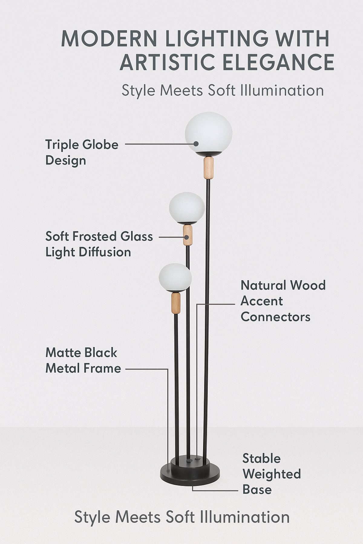 Modern Black Floor Lamp with Triple White Globe Lights Metal Stand for Living Room & Bedroom