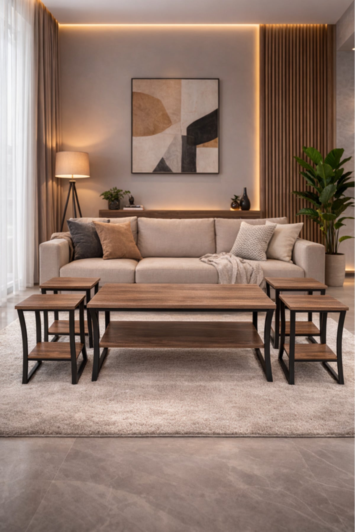 Wood 1+4 Coffee Table Set √ê Contemporary Glass and Wood Design with 1 Large and 4 Side Tables