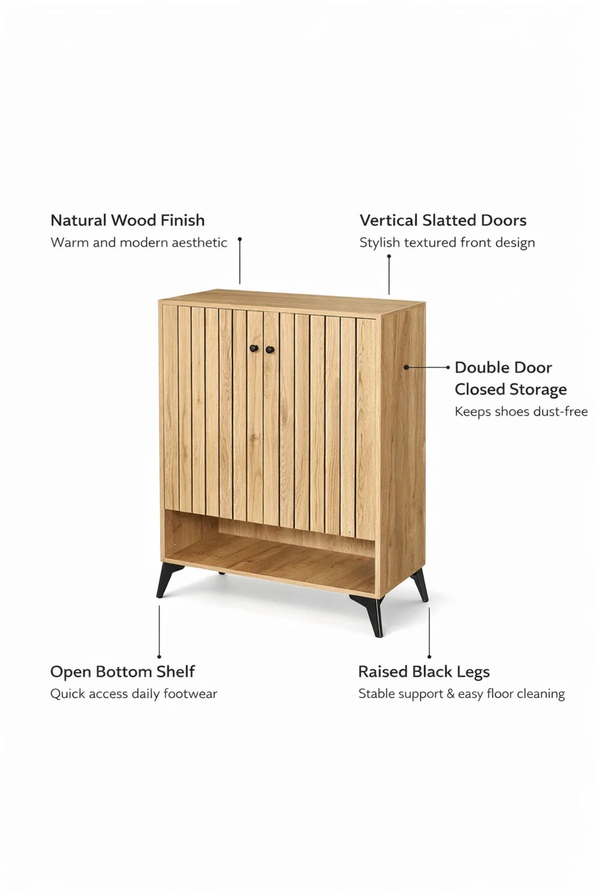 Modern Oak Wood Shoe Cabinet Storage Rack with Slatted Doors and Open Shelf for Home Hallway