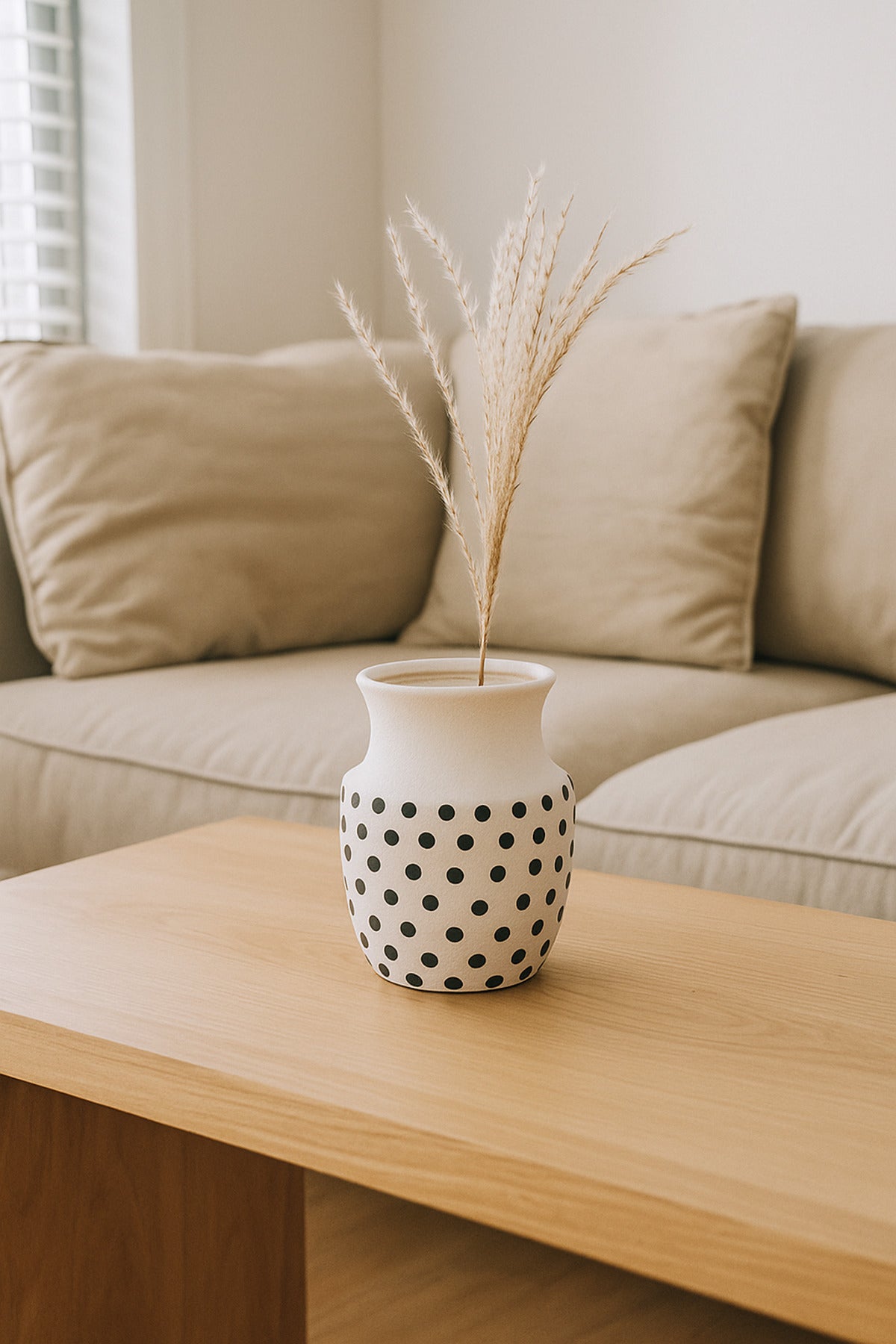 Natural White Ceramic Vase with Black Dots Ð Curved Mouth Decorative Vase