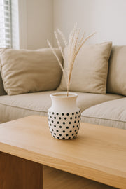Natural White Ceramic Vase with Black Dots Ð Curved Mouth Decorative Vase