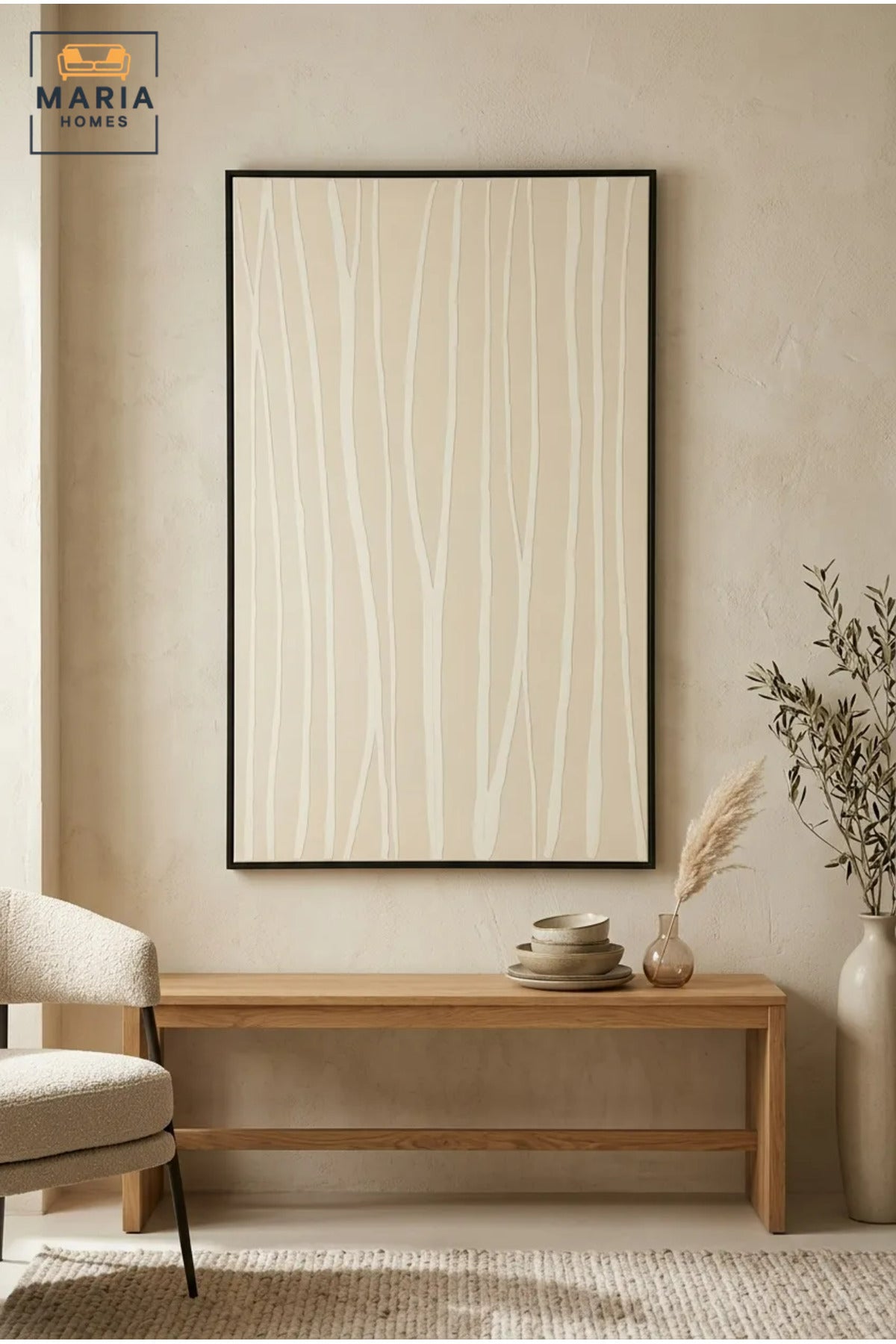Modern Abstract Textured Wall Art with Slim Black Frame, White Linear Design on Beige Canvas for Living Room, Bedroom, Hallway and Office Décor