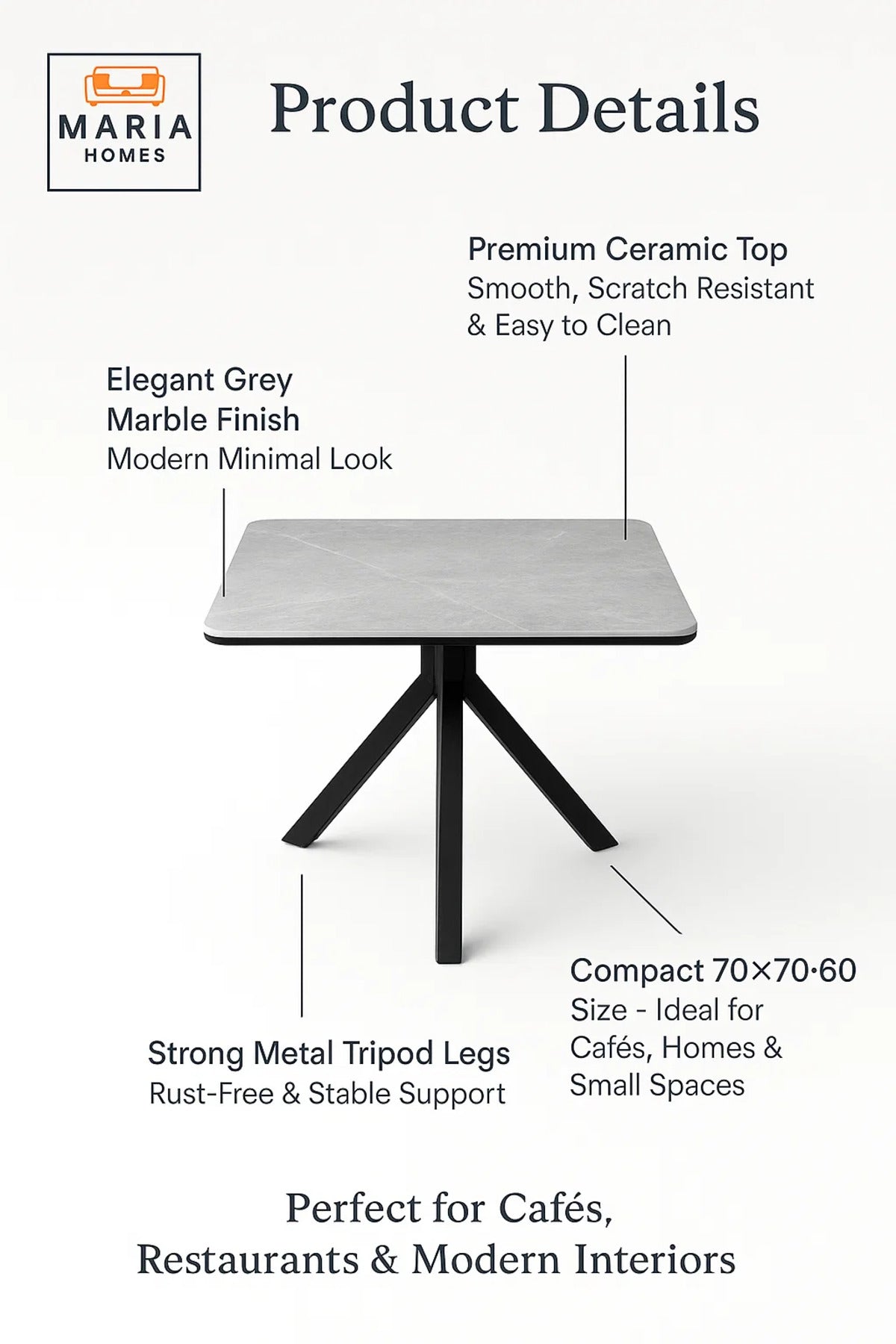 Square Grey Marble Dining Table √ê Modern Caf≈Ω, Restaurant, Office & Home Metal Furniture 70_70_60 cm