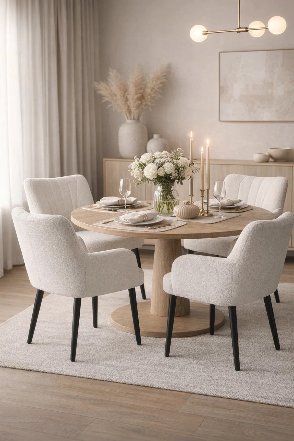 Modern White Boucle Dining Chair Soft Upholstered Armchair Black Legs for Kitchen and Dining Room