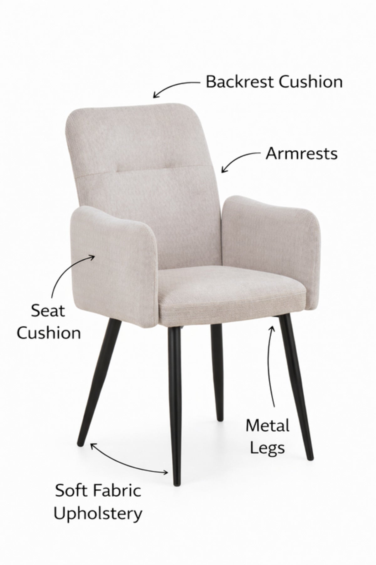 Off-White Armchair with Black Metal Legs, 90x55x47 CM off white armchair Dining Room
