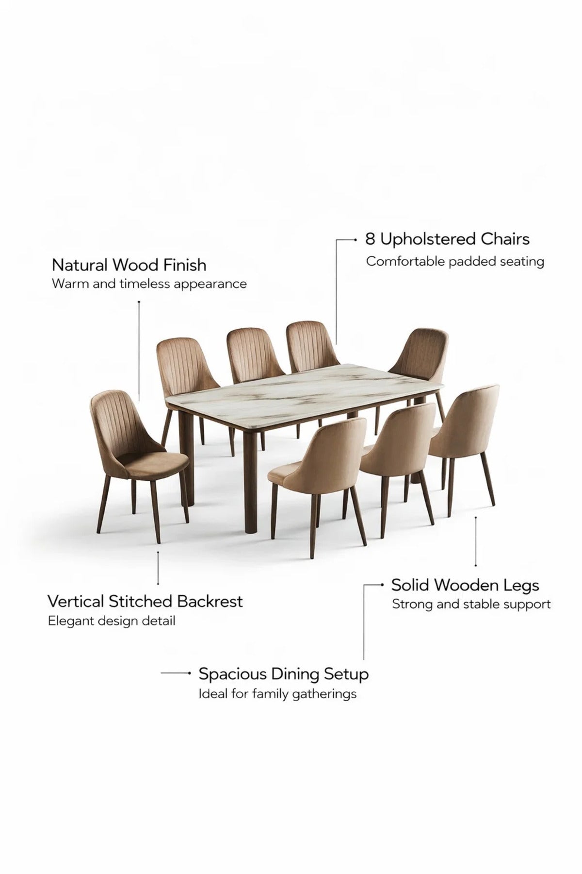 Modern 9-Piece Dining Set with Marble Top Table and 8 Brown Velvet Chairs for Luxury Home Dining