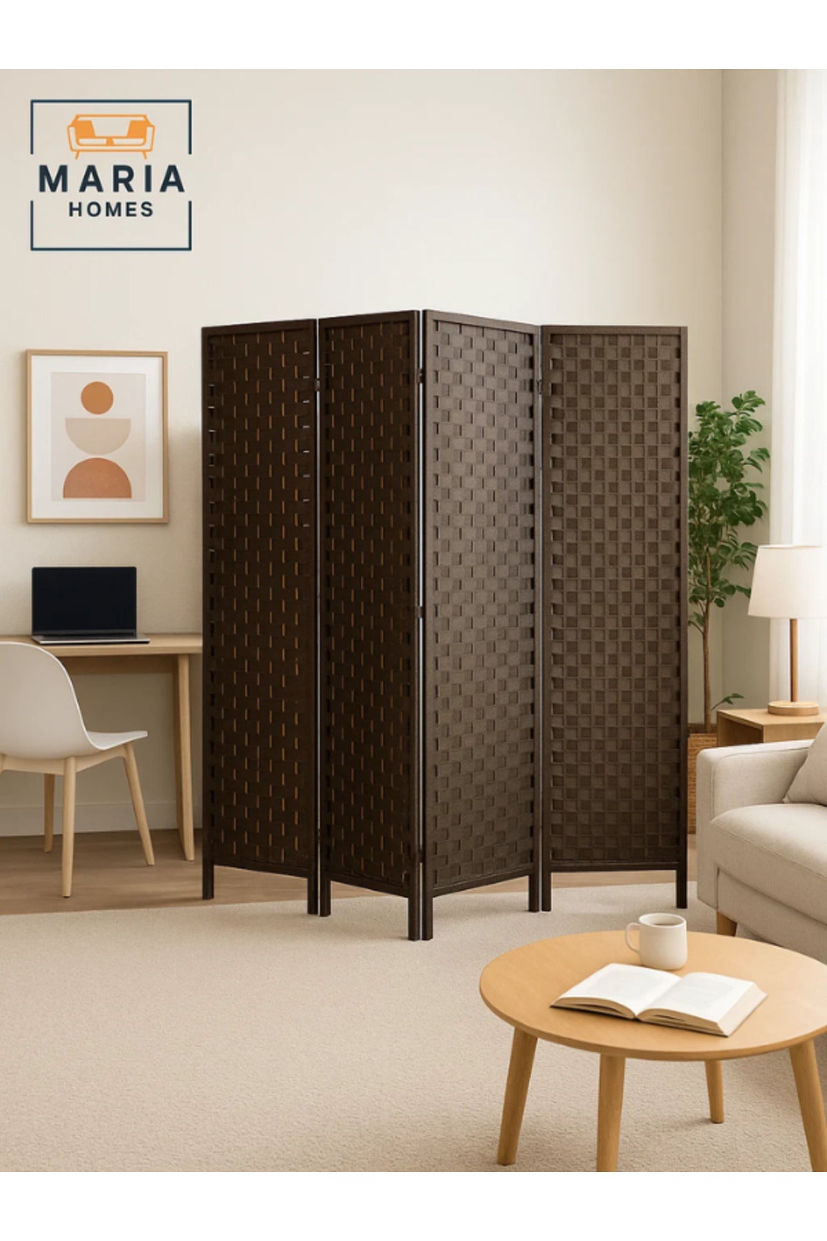 Coffee 4-Panel Folding Room Divider Ð Privacy Partition Screen for Home, Office & Majlis 180_178 cm