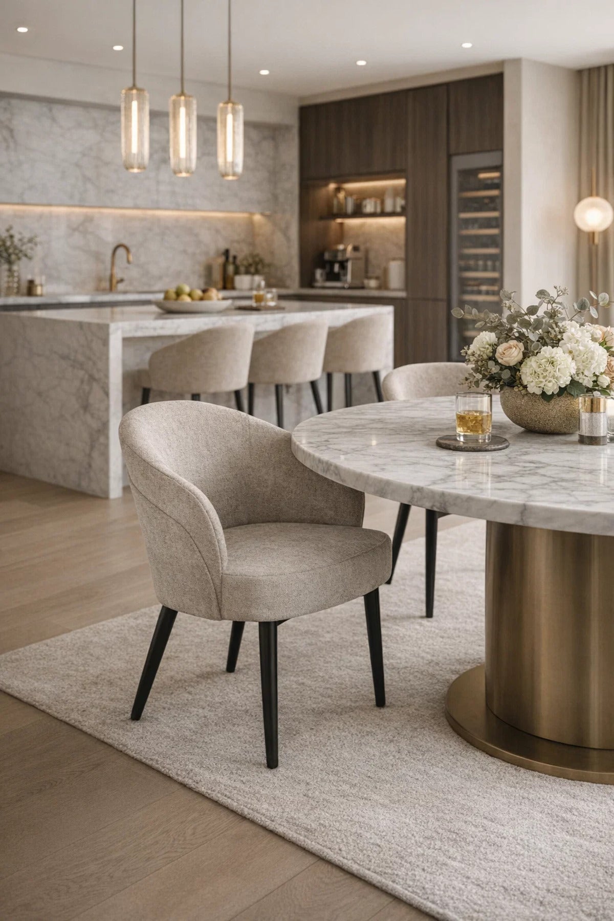 Stylish Upholstered Dining Chair Beige Fabric Armchair with Black Legs for Modern Home Decor