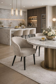 Stylish Upholstered Dining Chair Beige Fabric Armchair with Black Legs for Modern Home Decor