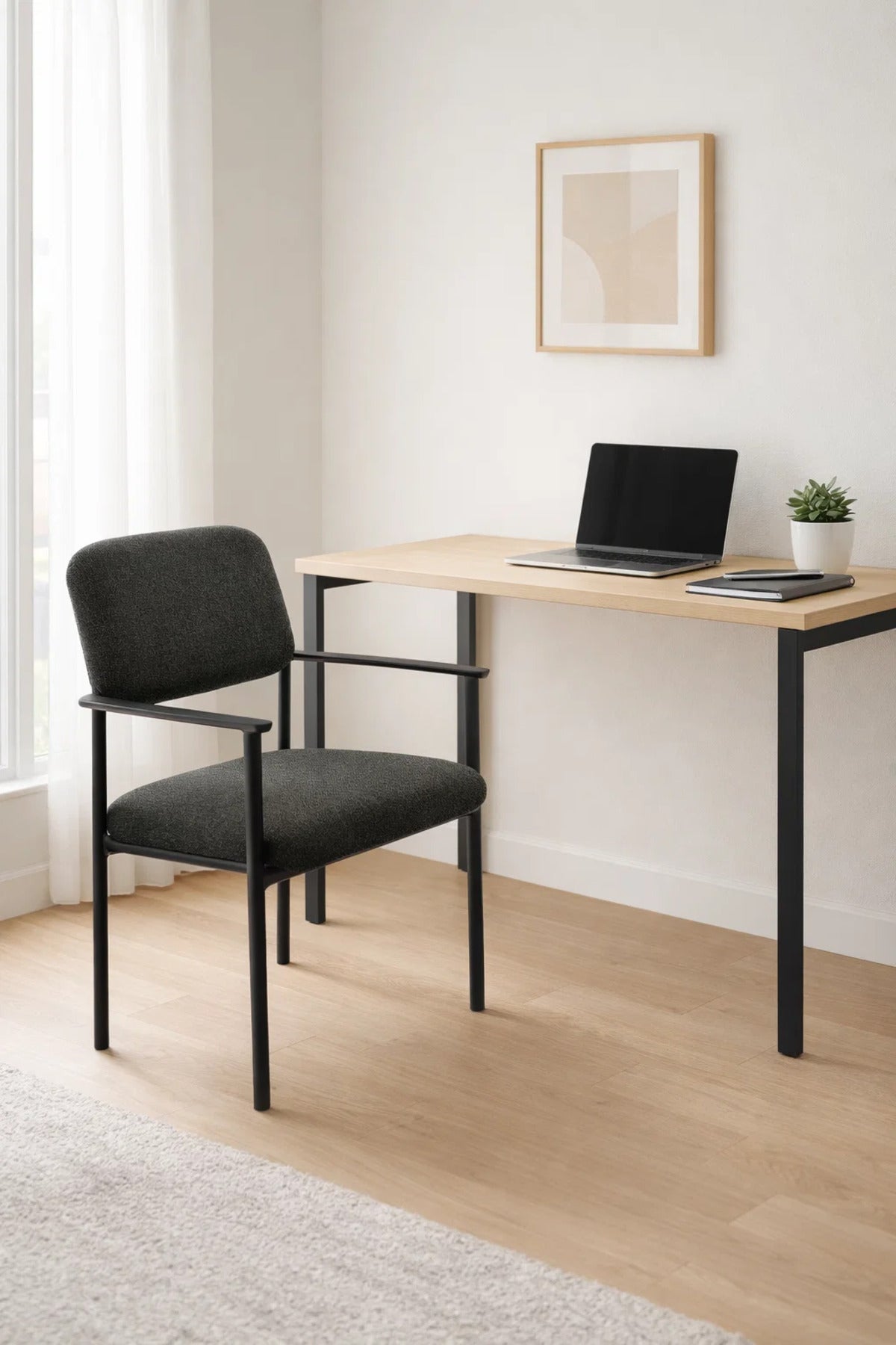 Modern Dark Grey Upholstered Dining Chair with Arms Black Metal Base for Home Office Decor