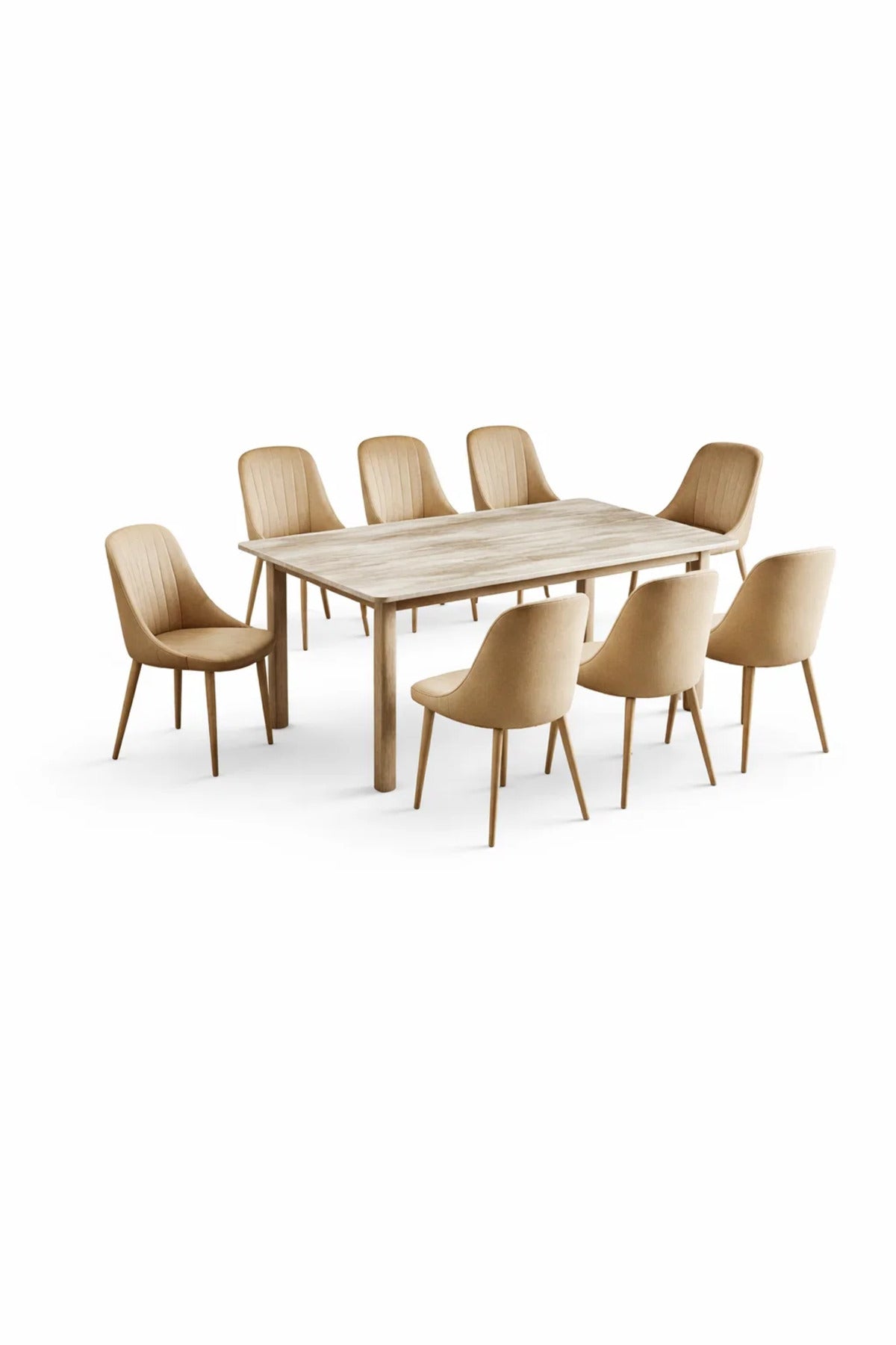Elegant 9-Piece Dining Room Set with Marble Pattern Table and Eight Beige Velvet Upholstered Chairs