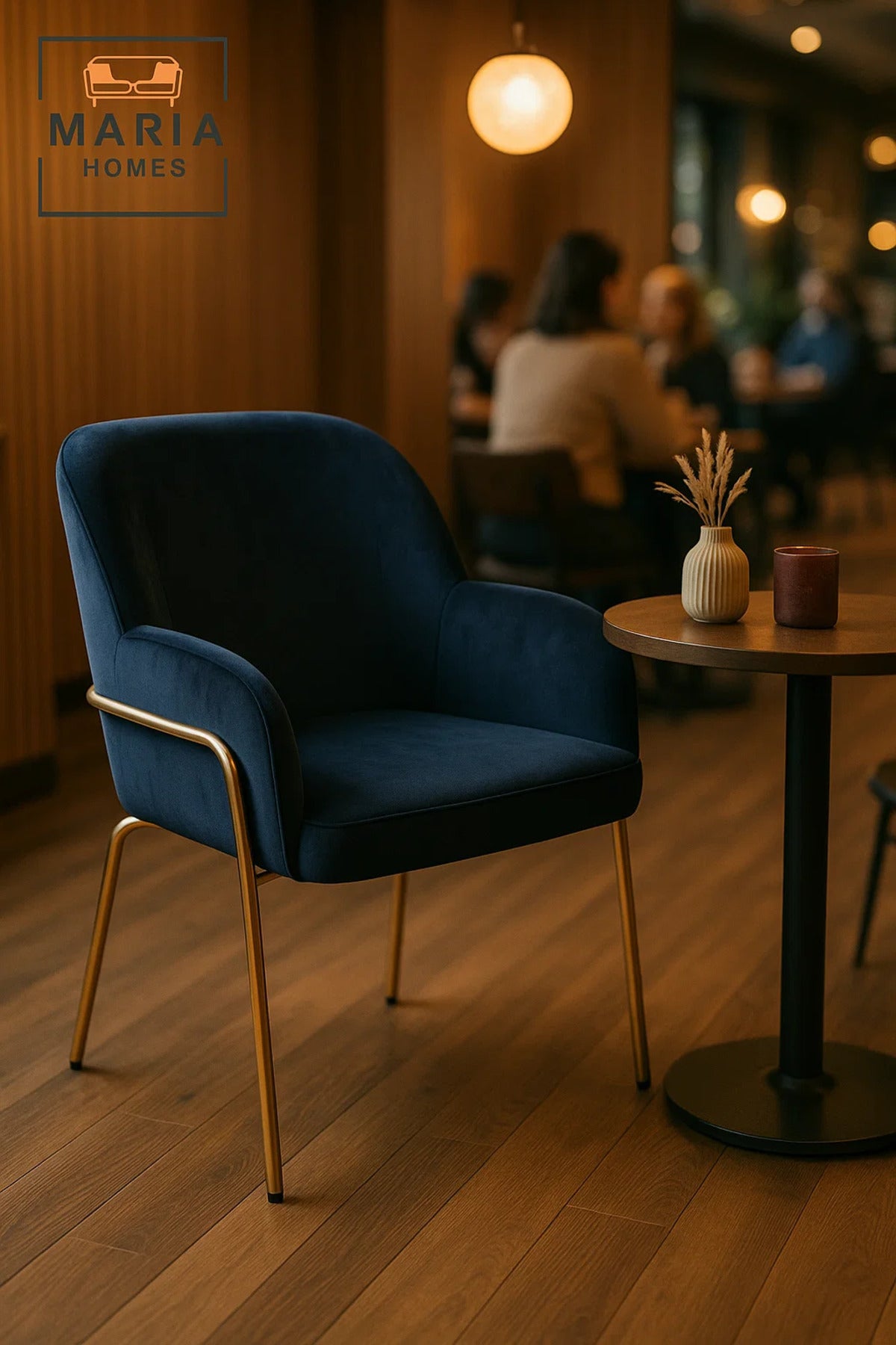 Luxury Navy Blue Velvet Dining Chair with Armrests & Gold Metal Legs, Modern Accent Chair for Home