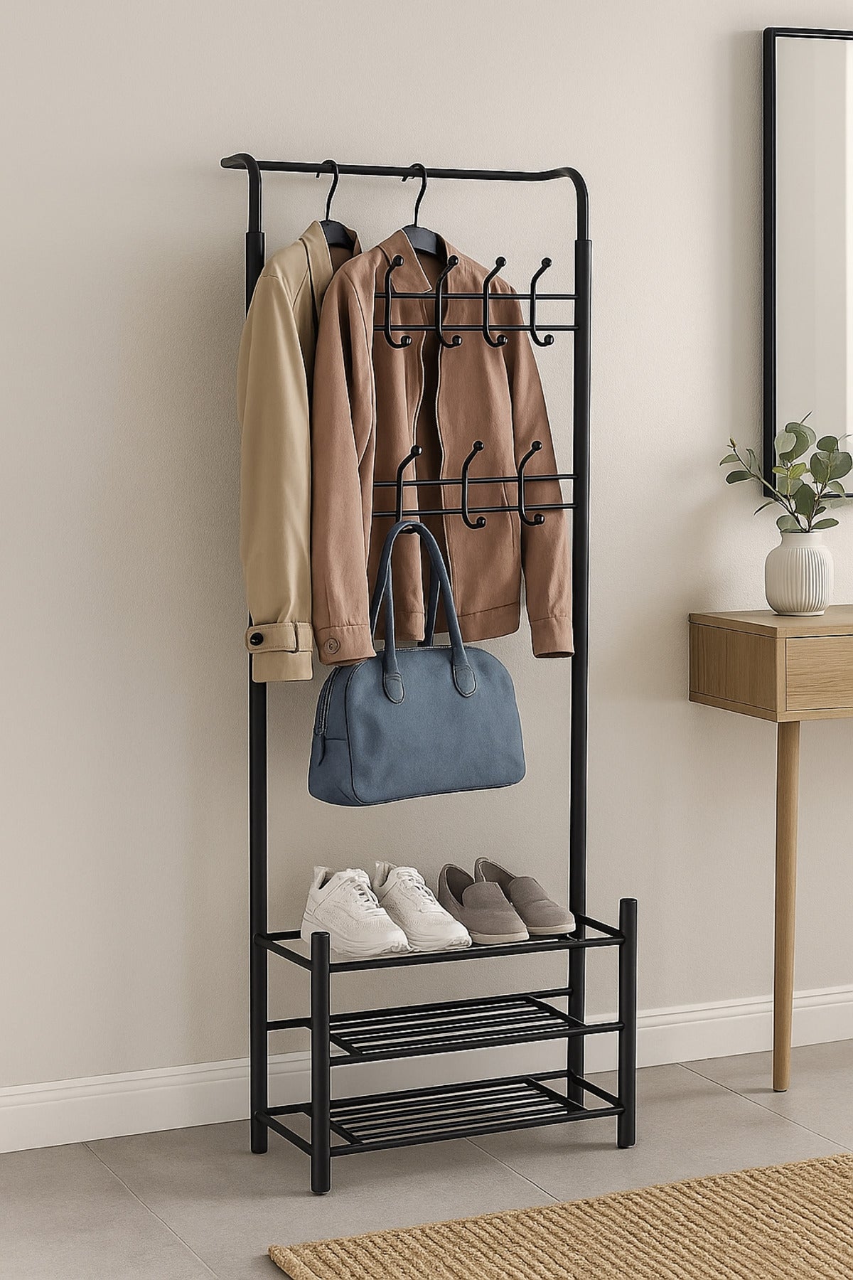 Metal Coat Rack with Hooks and Shoe Storage Ð Black 64_28_190 cm