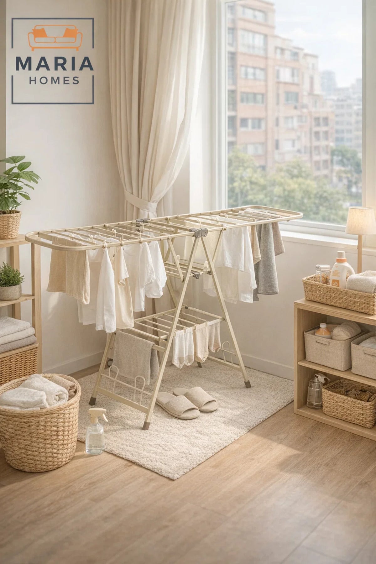 Beige Strong Folding Clothes Drying Rack 180_45_101 cm Ð Multi-Tiered Metal Drying Stand