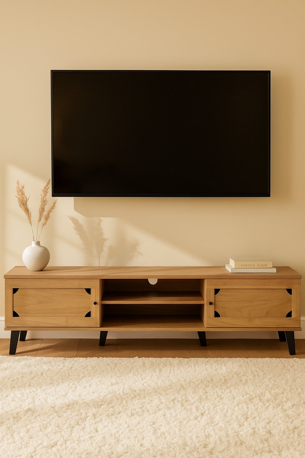 Light Brown Wooden TV Stand 180_40_44 cm Ð Modern TV Unit with Storage Cabinets and Open Shelves