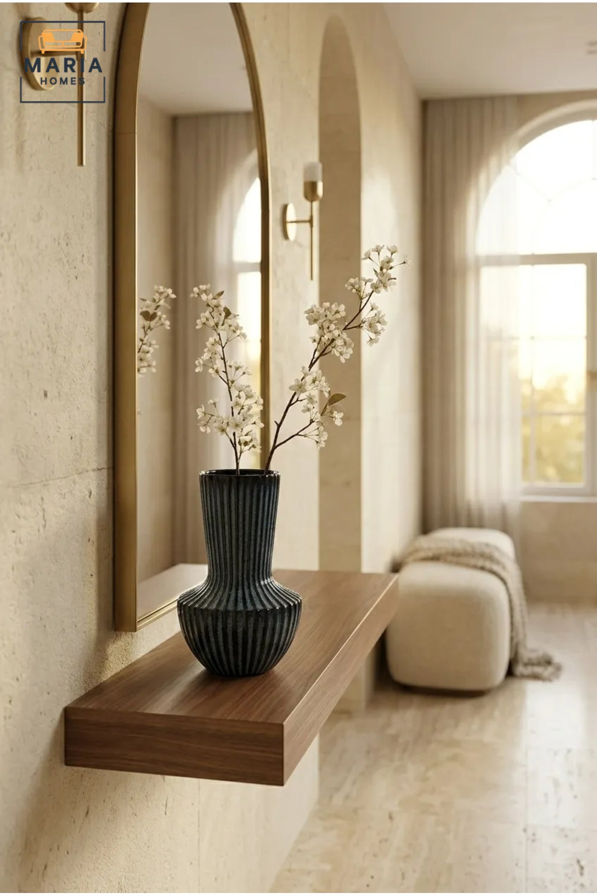 Blue Ribbed Decorative Vase, Modern Fluted Flower Holder with Tall Neck and Rounded Base for Living Room, Bedroom, Office, Shelf and Table Décor