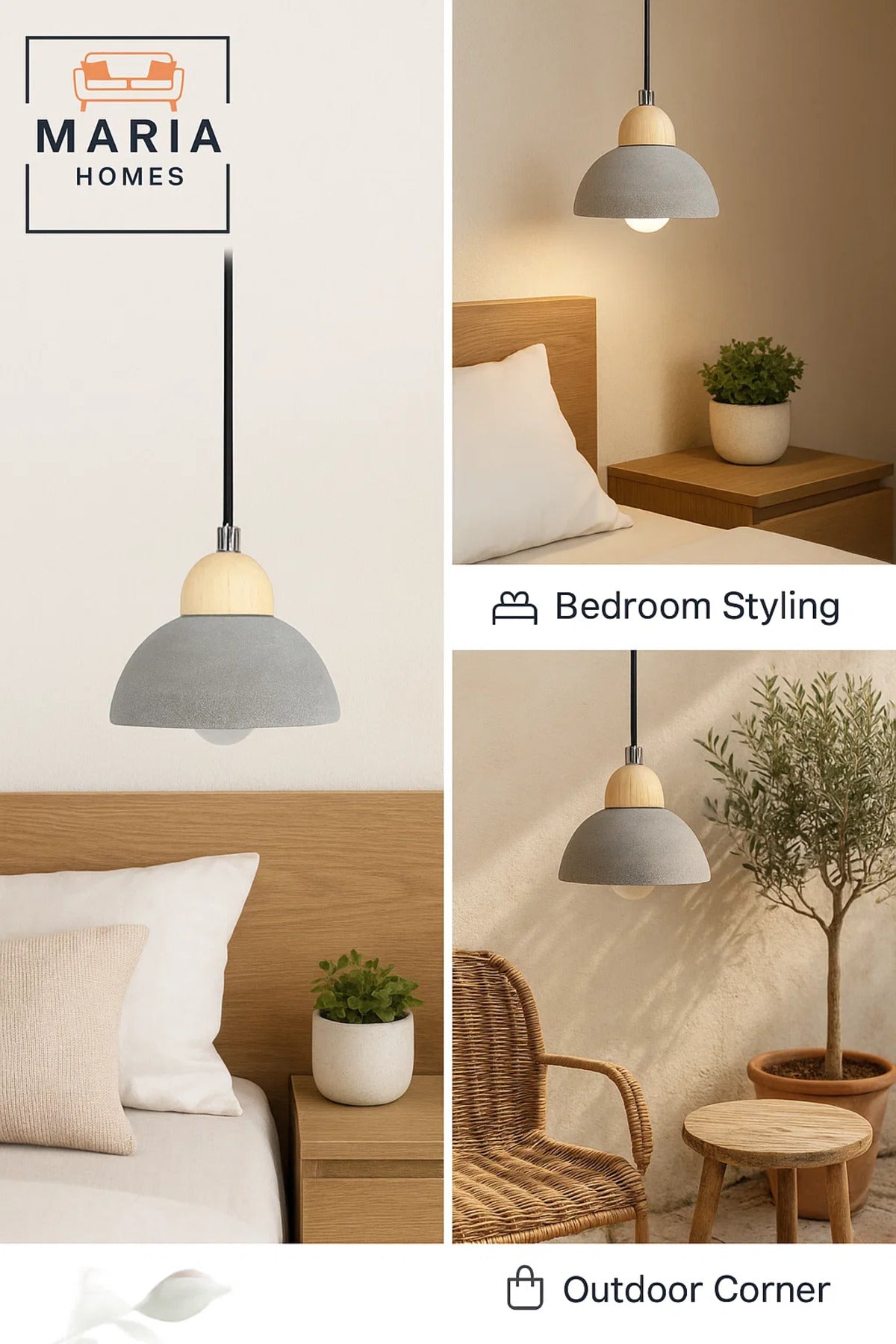 Textured Grey Dome Pendant Light with Wood Top