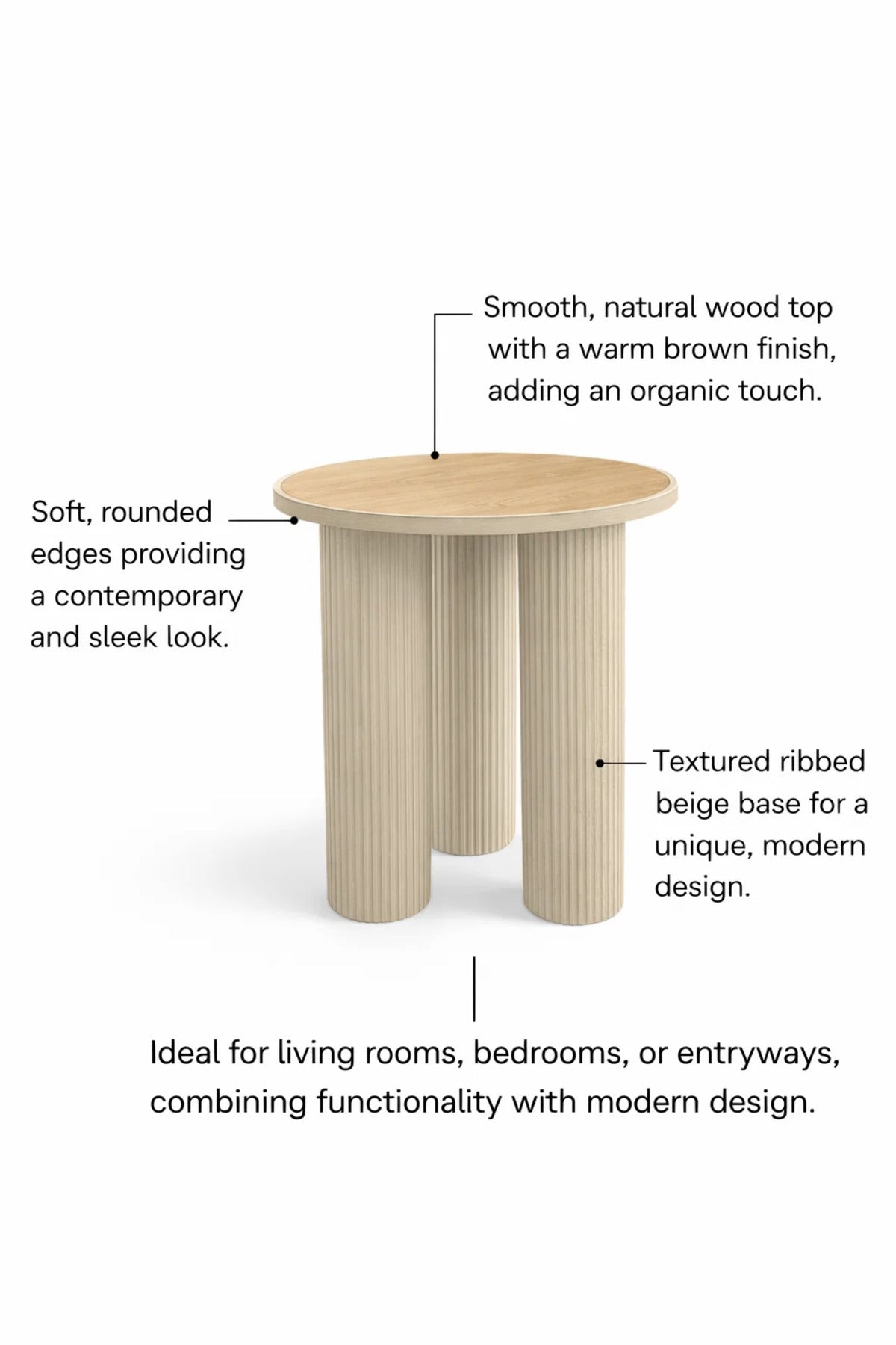 Beige Fluted Side Table with Wood Top Modern Round End Table for Home Living Room Decor