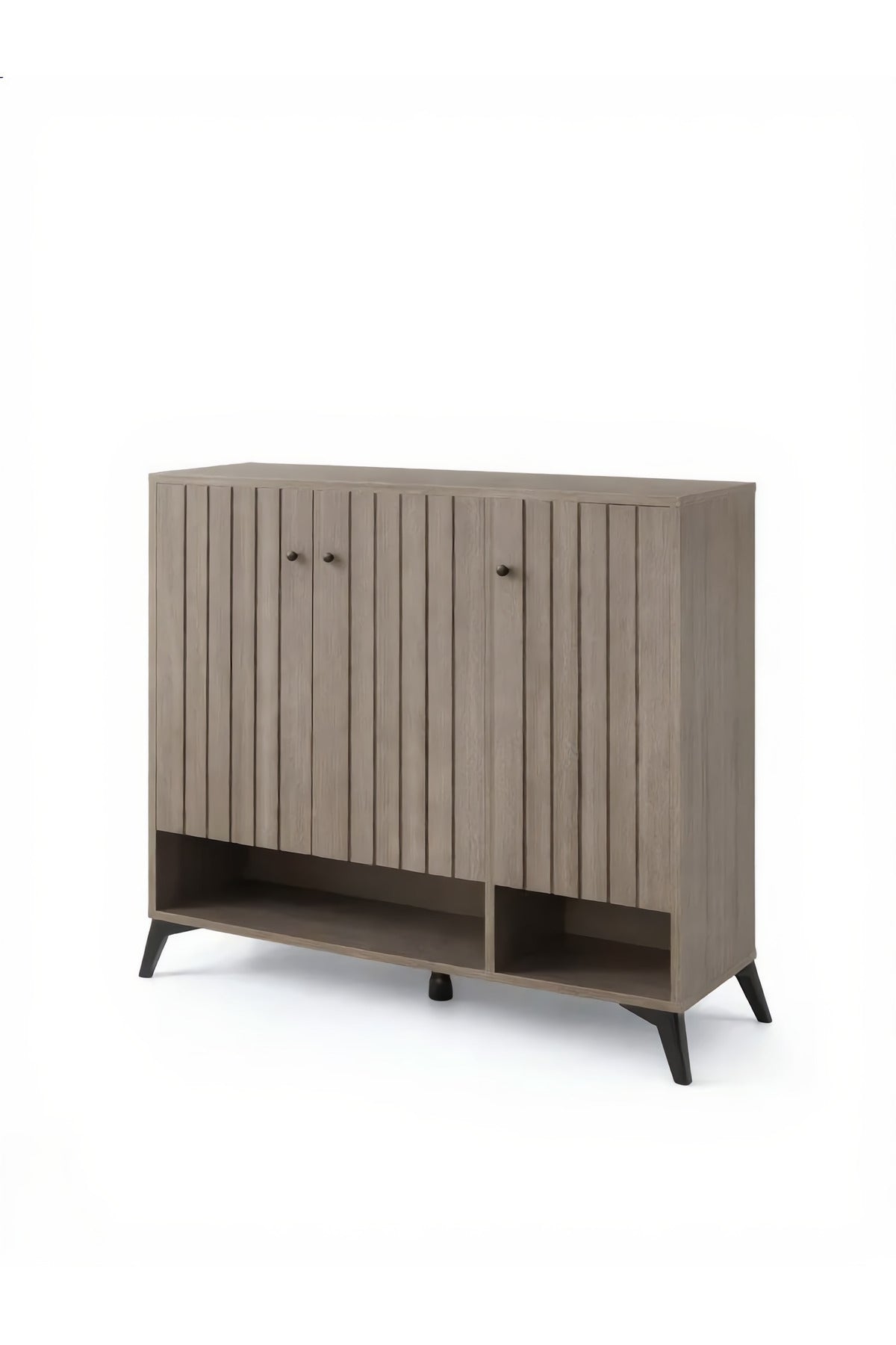 Modern Grey Slatted Shoe Cabinet with Three Doors and Open Bottom Shelf for Hallway Storage 100cm