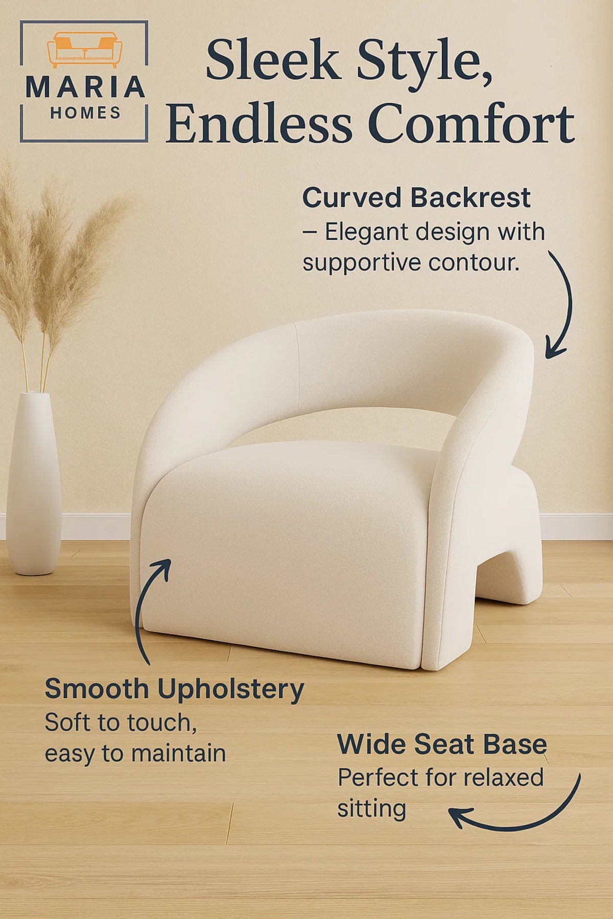Curved Accent Chair Boucle Fabric Upholstery color Beige Modern Armless Lounge Chair for Living Room