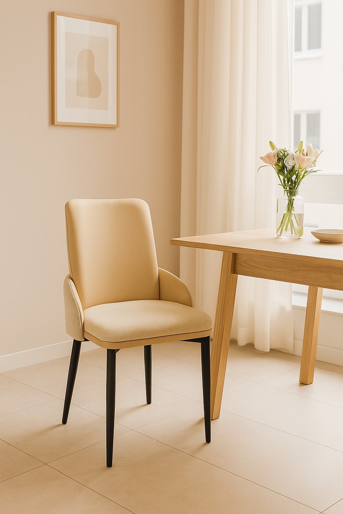 Beige Dining Chair Ð Modern Upholstered Chair with PU Leather Back and Fabric Seat for Dining Room