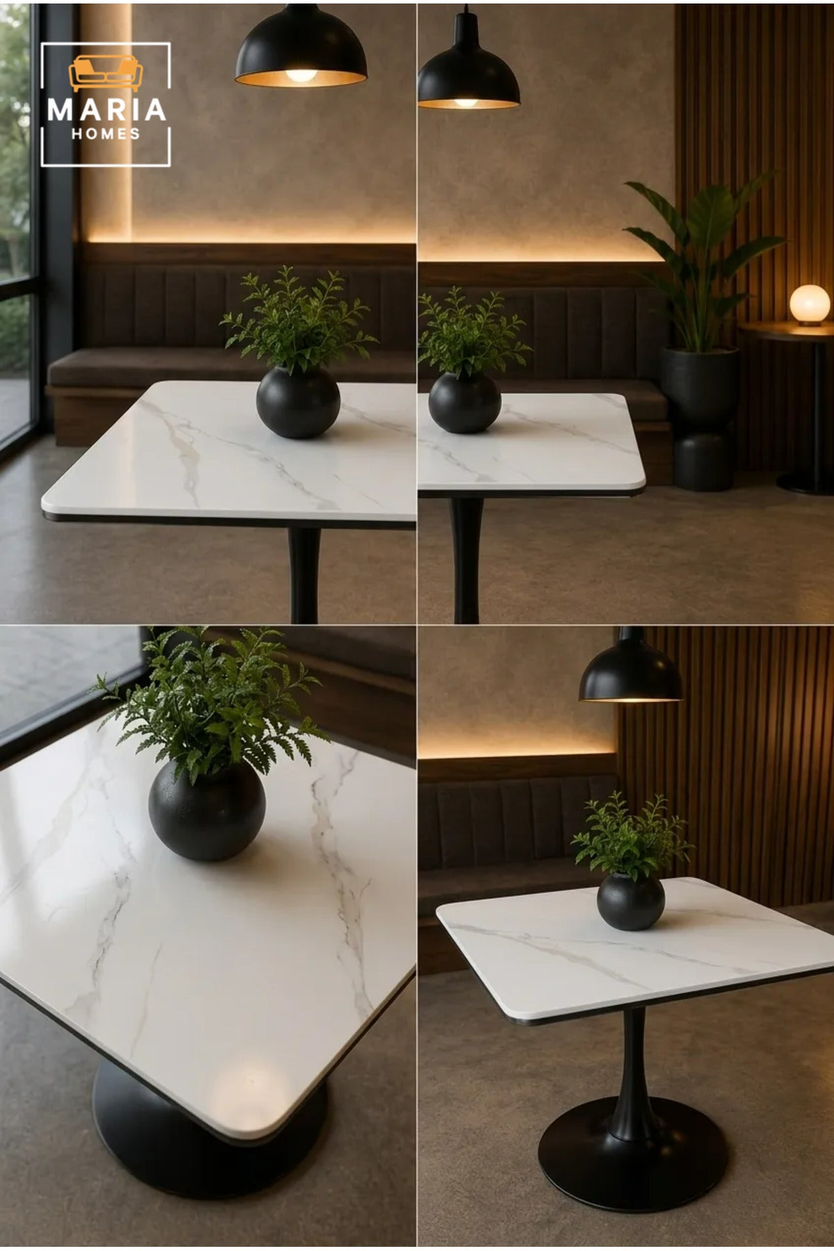 Modern Square Marble Bistro Table with Black Pedestal Base for Cafe Dining Room Furniture