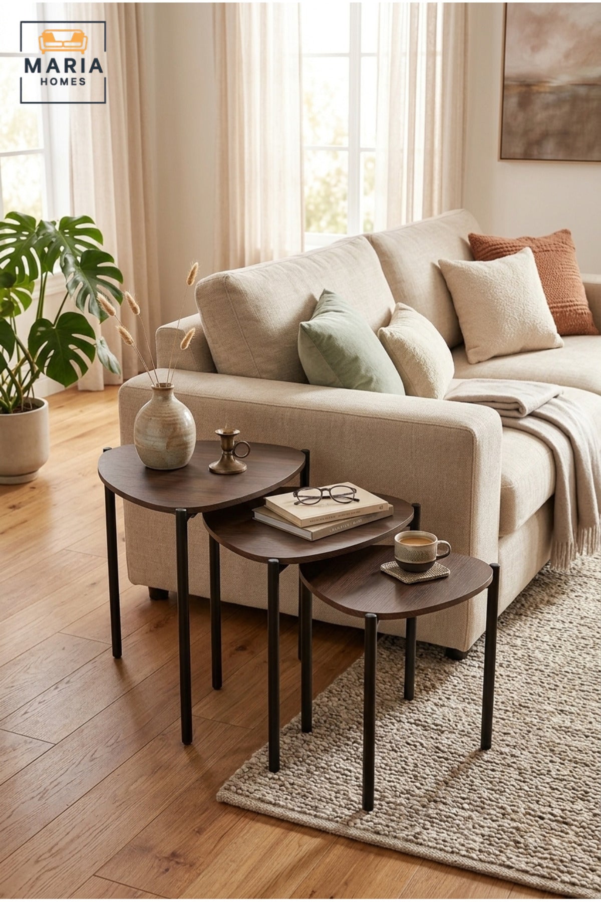 Set of 3 Nesting Coffee Tables with Wooden Tops and Slim Metal Legs, Space-Saving Side Tables for Living Room, Bedroom, Lounge and Office