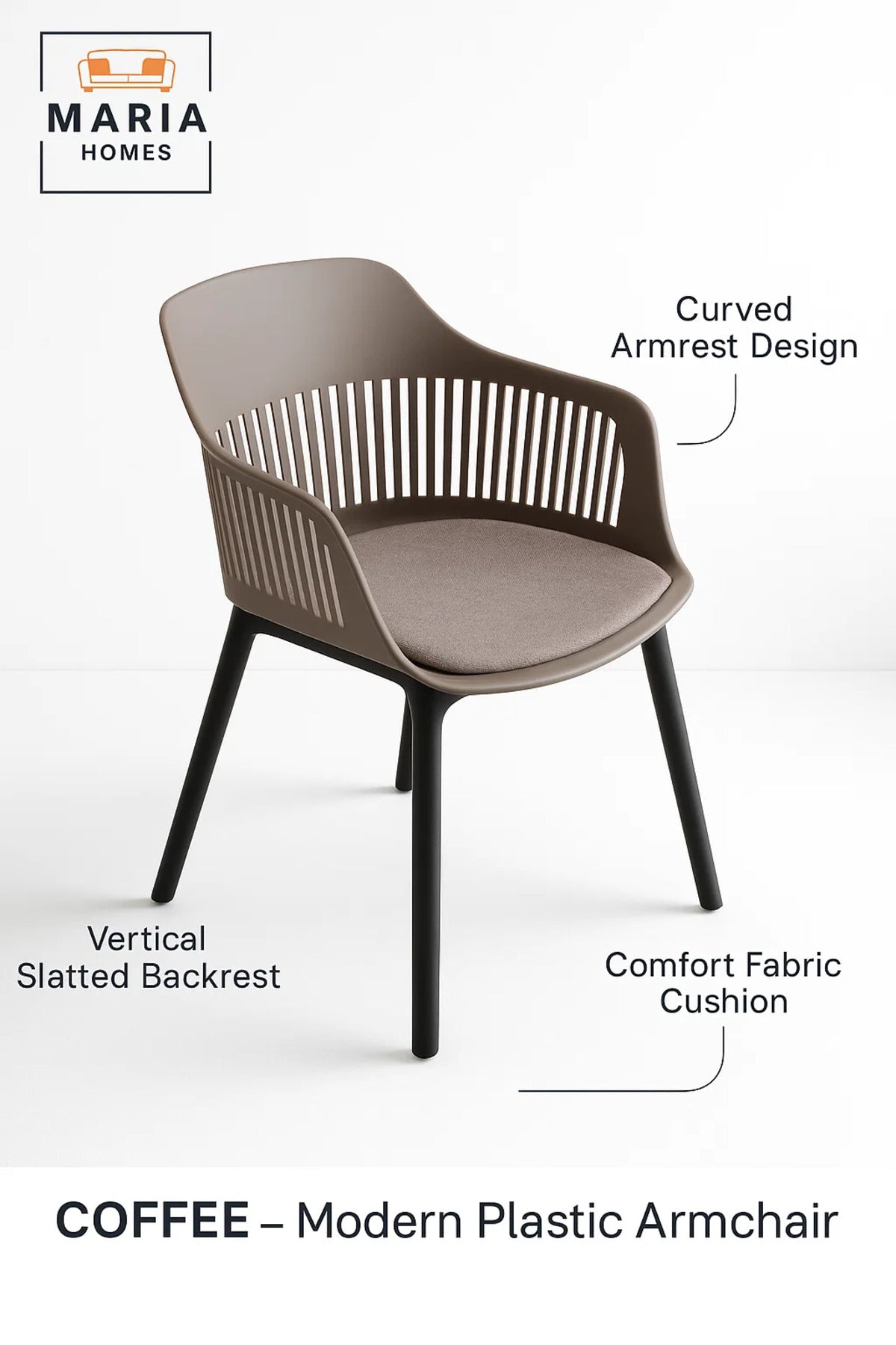 Coffee Plastic Armchair with Black Legs Modern Ventilated Backrest Chair Indoor & Outdoor Seating