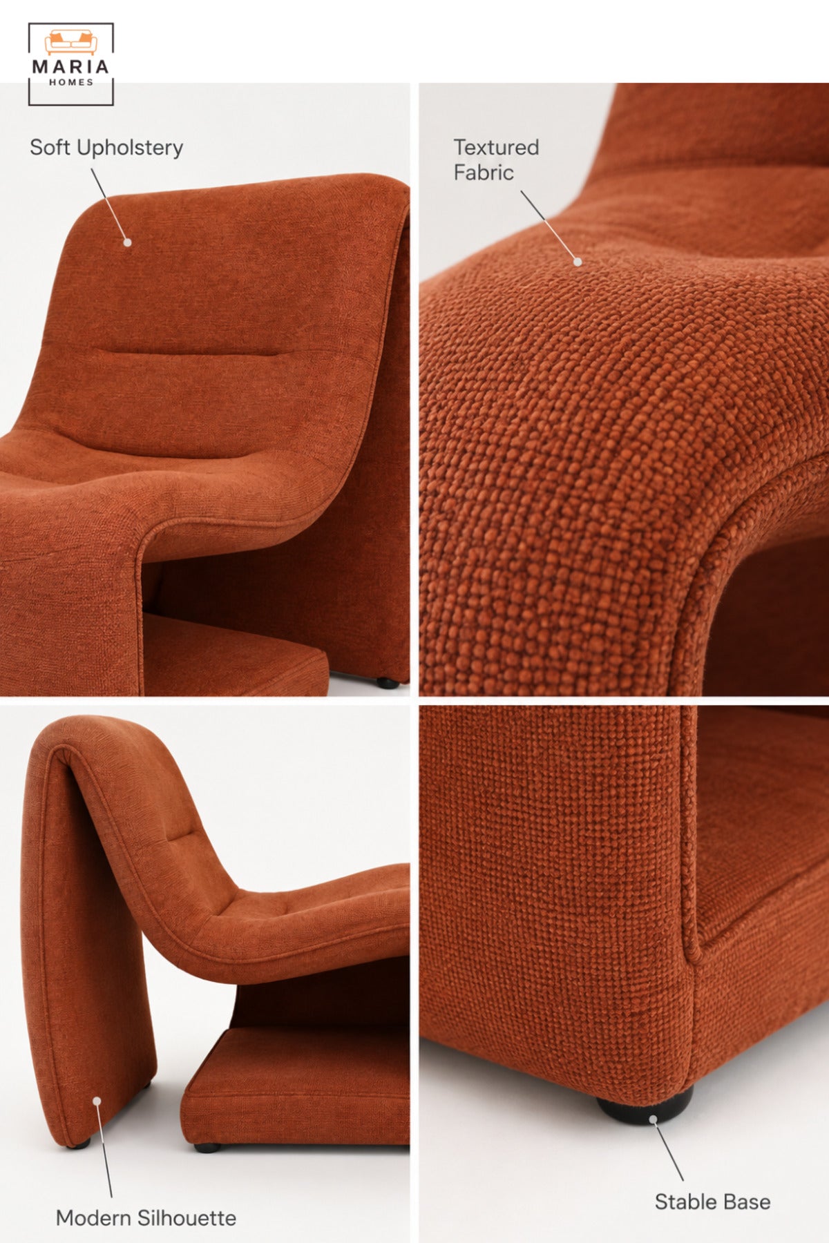 Modern Orange Upholstered Accent Chair with Sculptural Curved Design, Padded Seat for Living Room, Bedroom, Lounge & Reading Corner