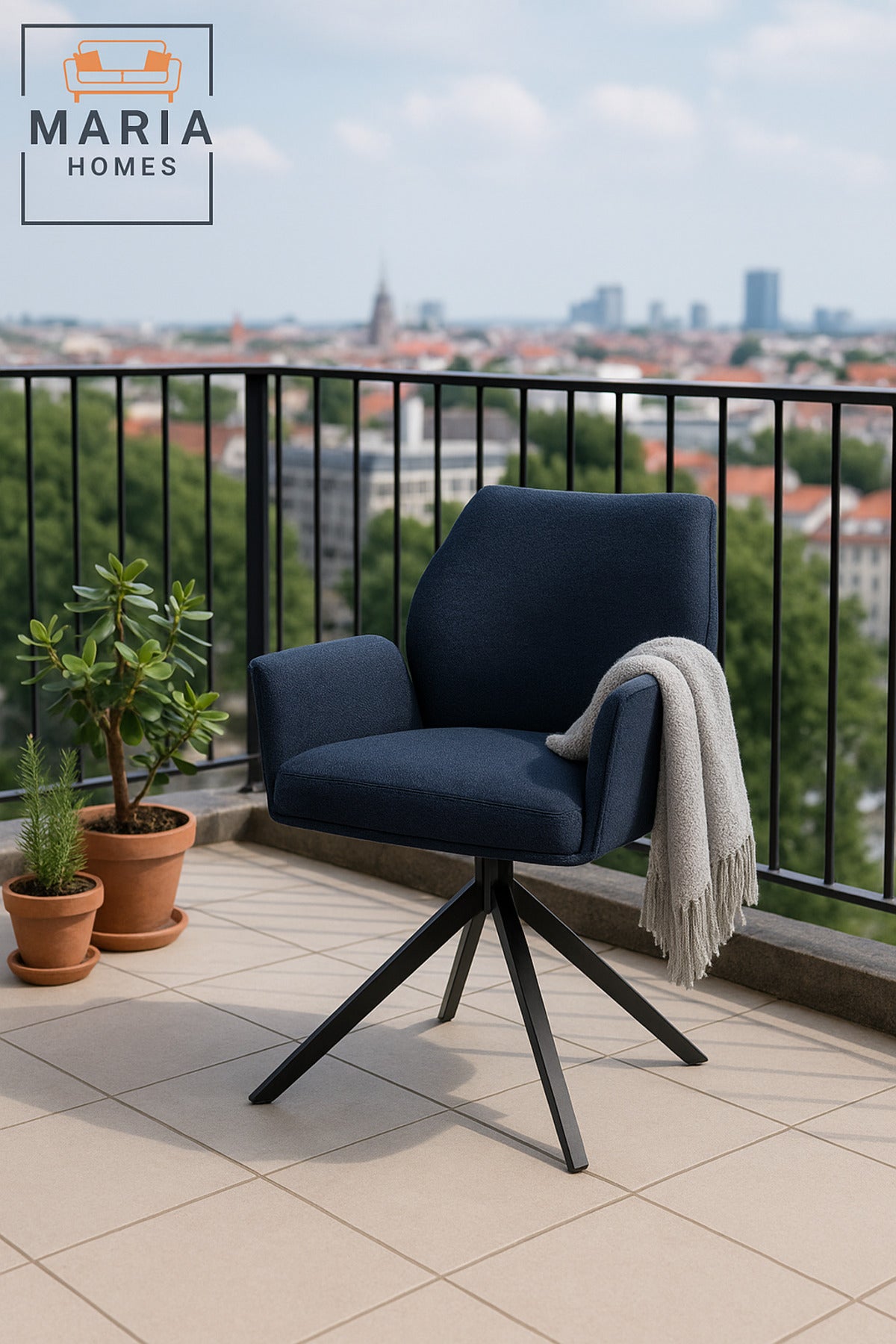 Dark Blue Swivel Armchair Ð Modern Fabric Upholstery with Sturdy Metal Base