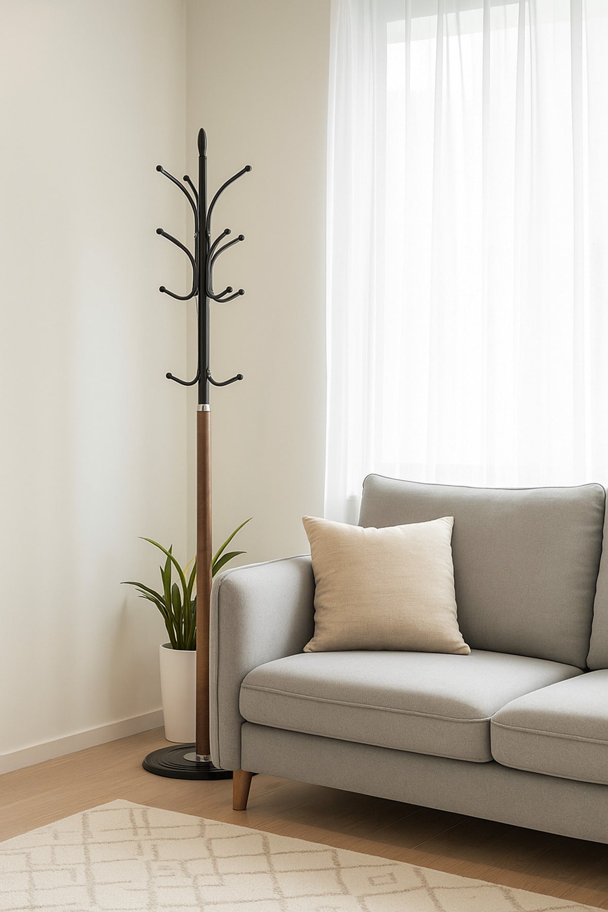 Modern Light Brown Coat Rack Ð Metal and Wood Standing Clothes Hanger for Entryway & Office