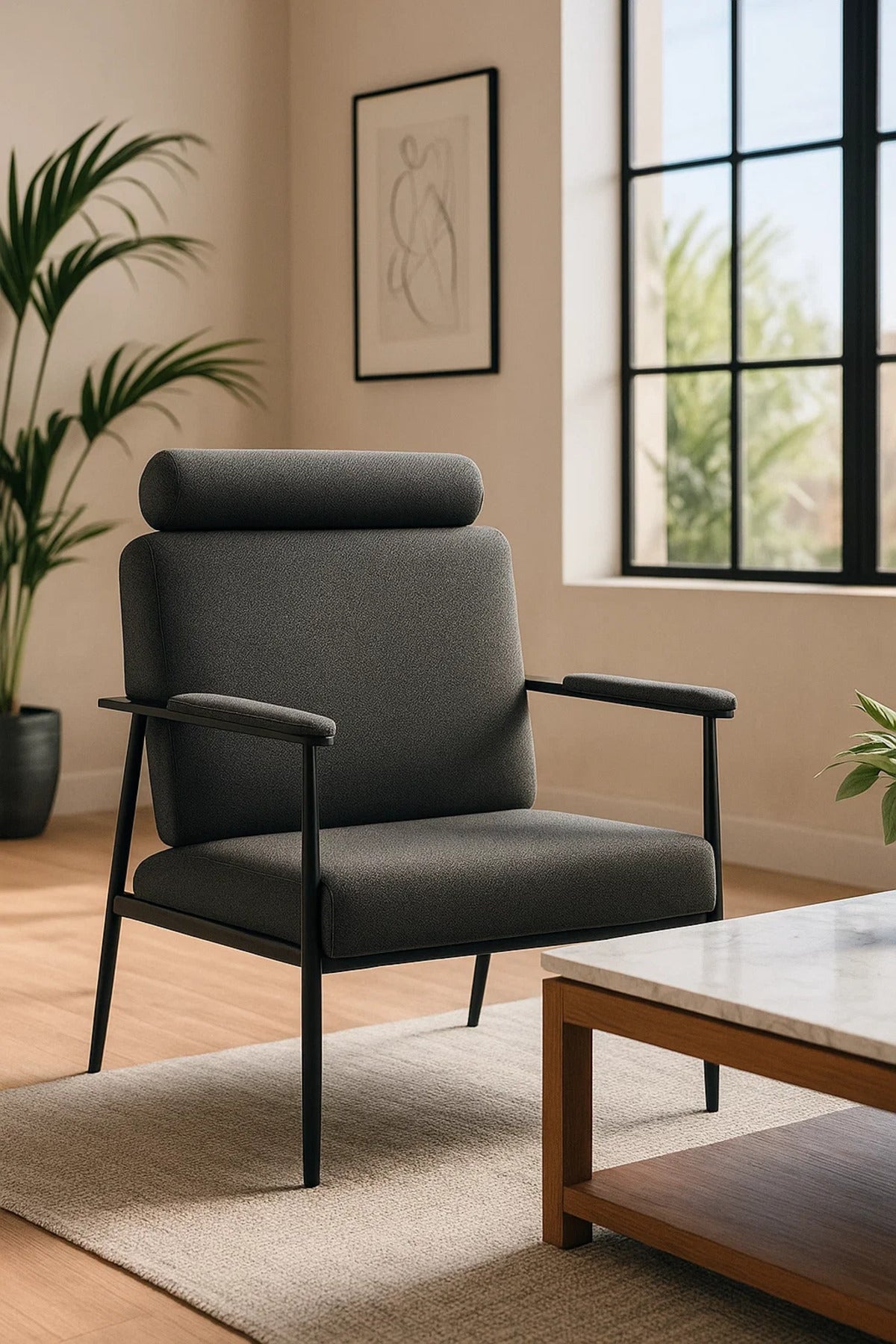 Premium Dark Grey Lounge Chair with Headrest, Modern Armchair for Living Room & Office Decor
