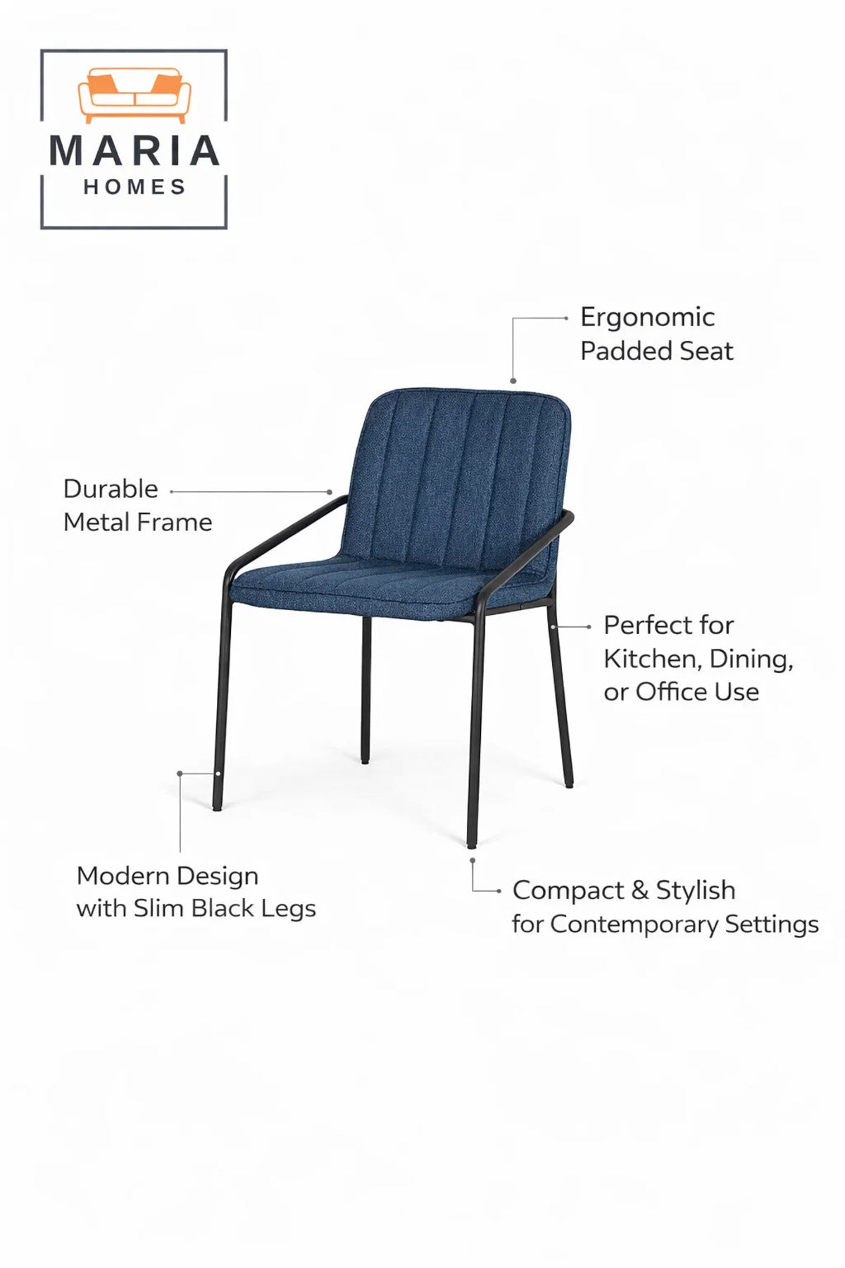 Deep Blue Upholstered Dining Chair with Black Metal Frame Ð Modern Accent Chair with Armrests