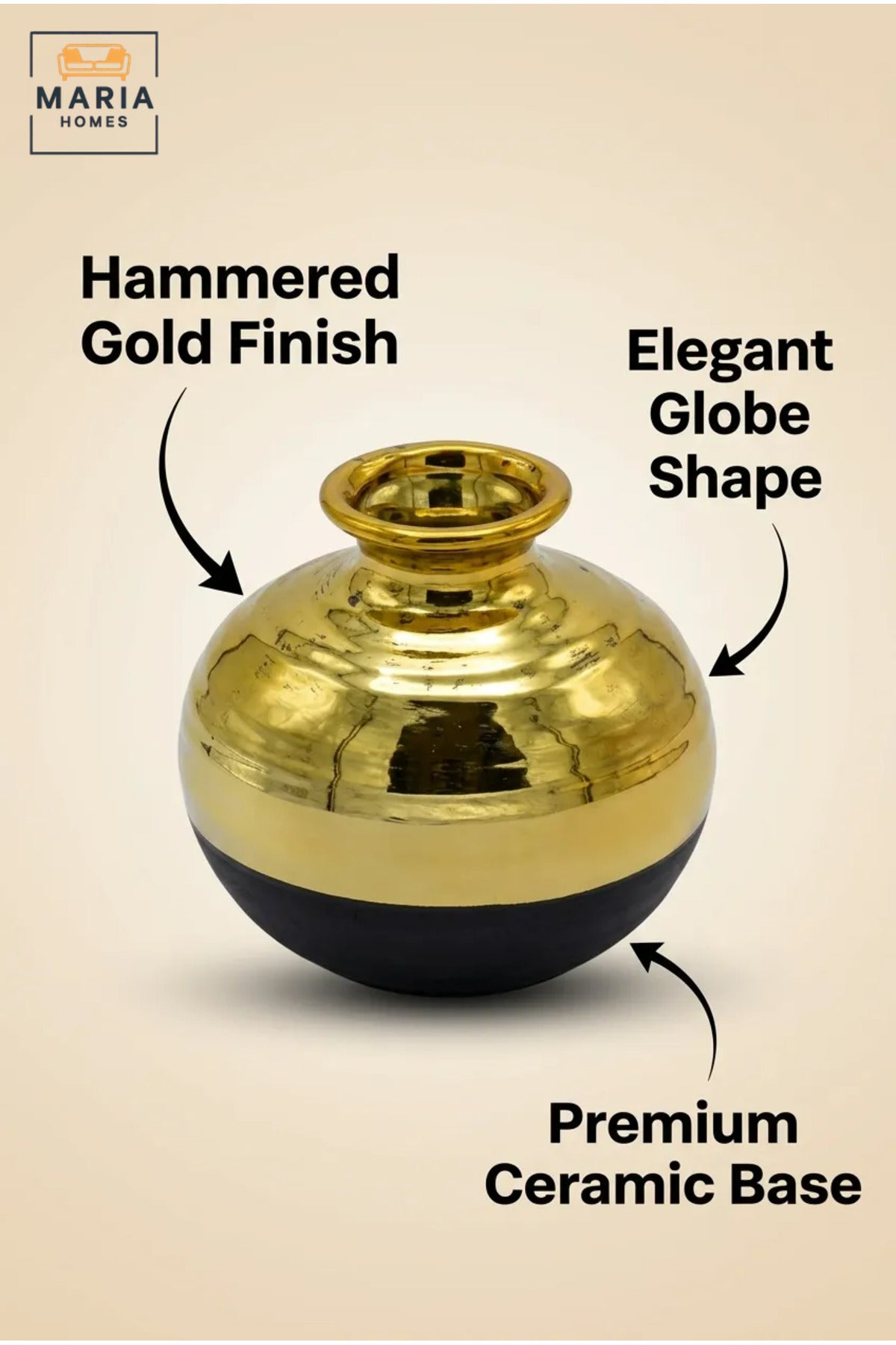 Modern Decorative Flower Vase with Gold-Tone Finish, Rounded Body and Contrasting Base for Living Room, Bedroom, Office, Shelf and Console Décor