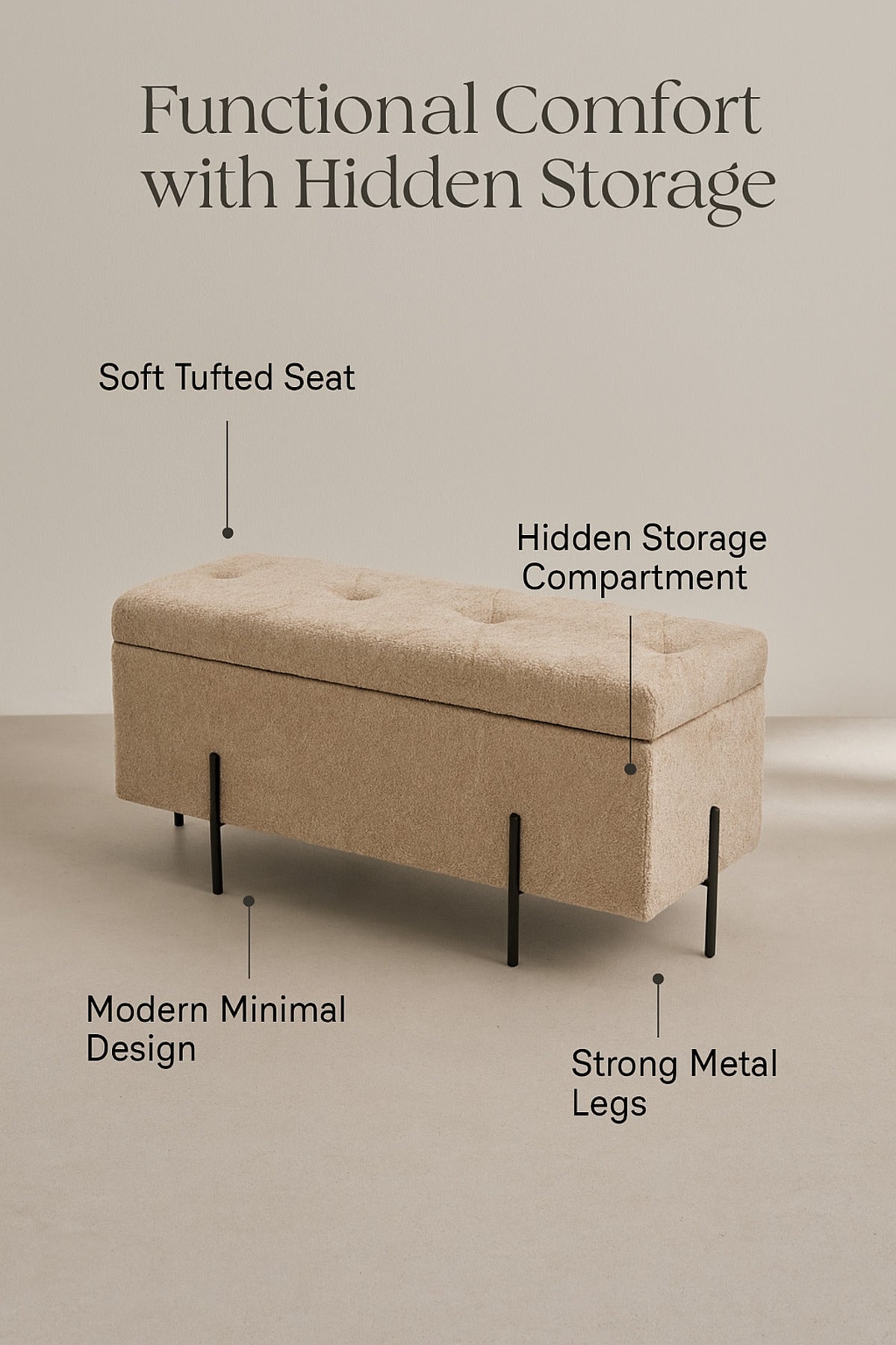 Brown Storage Bench with Tufted Fabric Seat & Black Metal Legs Ð 90_38_40 cm