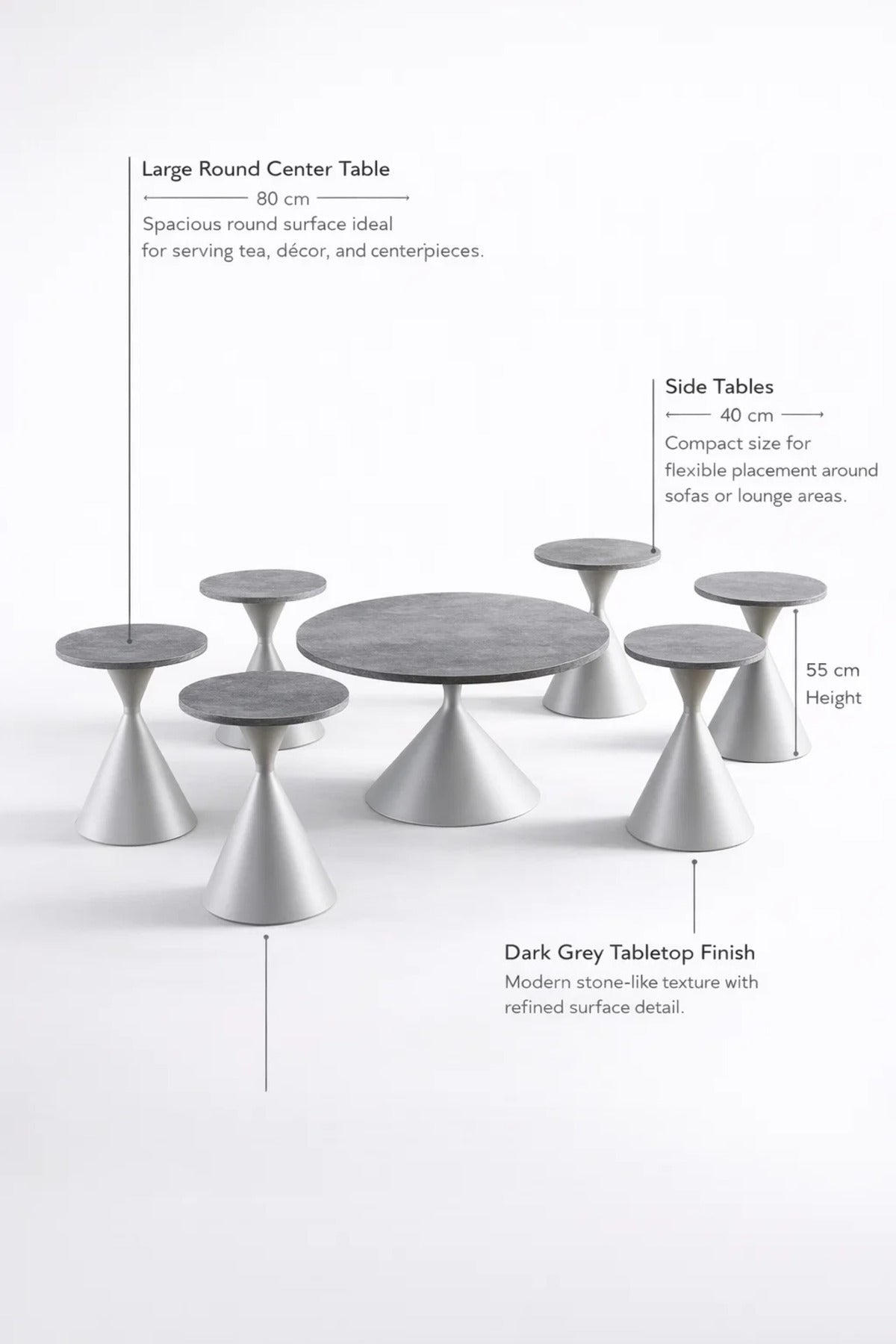 Modern 7-Piece Center Table Set Round Grey Top White Cone Base 1 Large 6 Small for Living Room