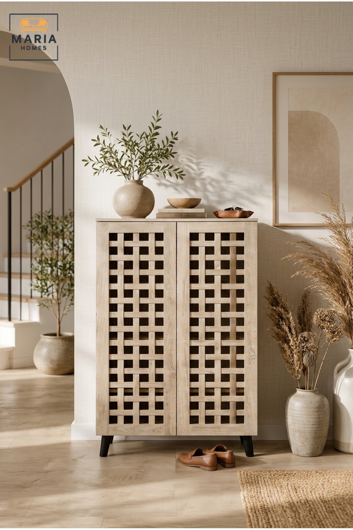 Modern Oak Storage Cabinet with Geometric Lattice Doors and Scandinavian Style