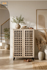 Modern Oak Storage Cabinet with Geometric Lattice Doors and Scandinavian Style