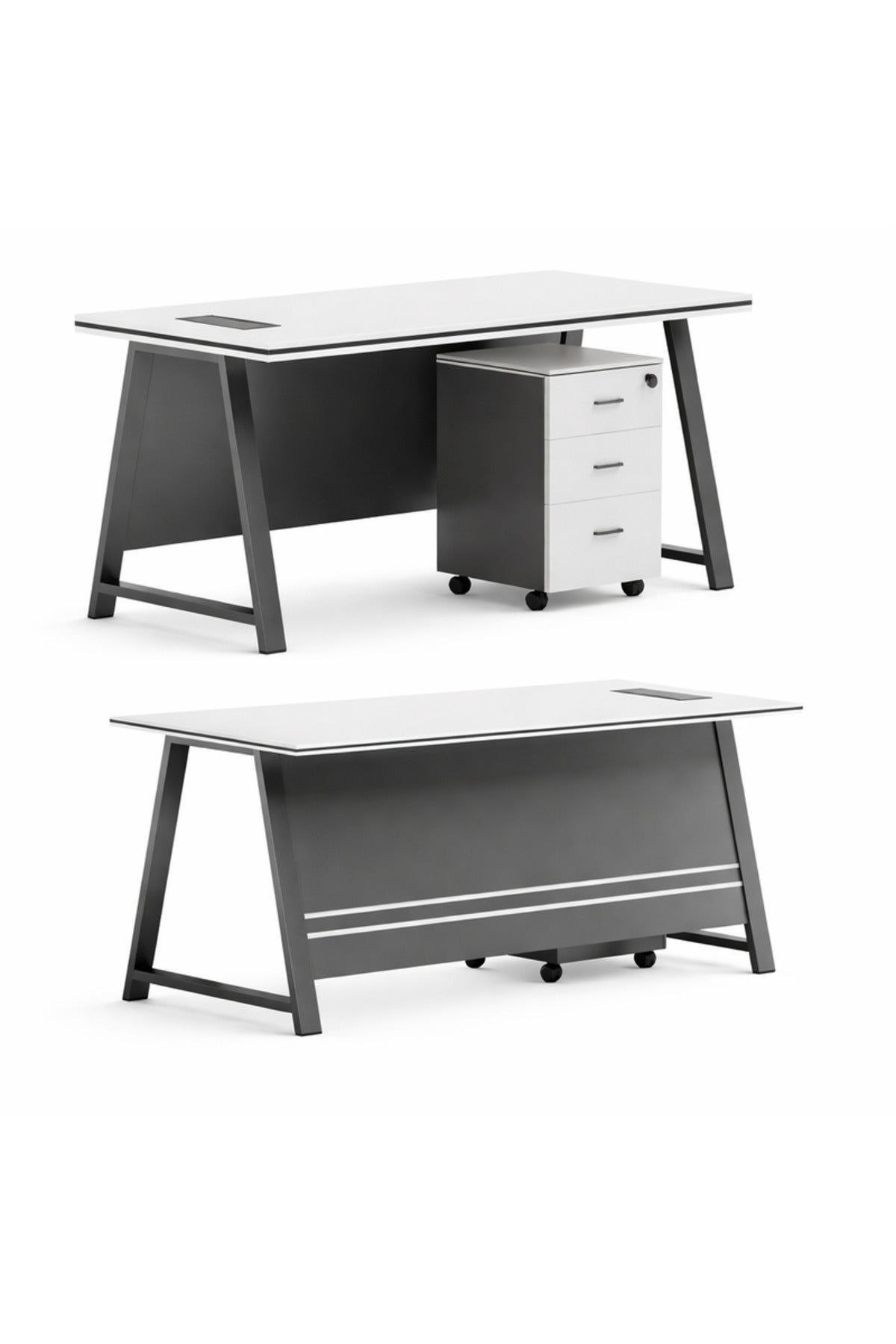 Modern White and Grey Office Desk with Mobile Drawer Cabinet