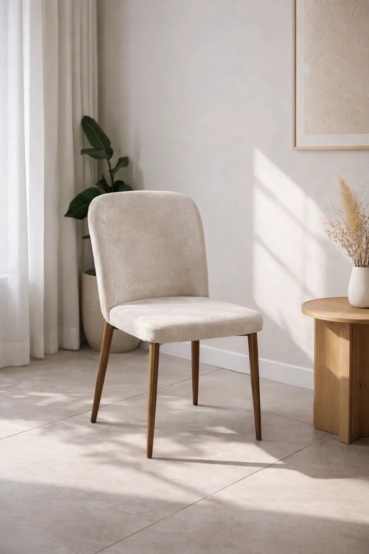 Premium Dark Beige Fabric Dining Chair with Elegant Dark Legs for Stylish Kitchen Dining Area