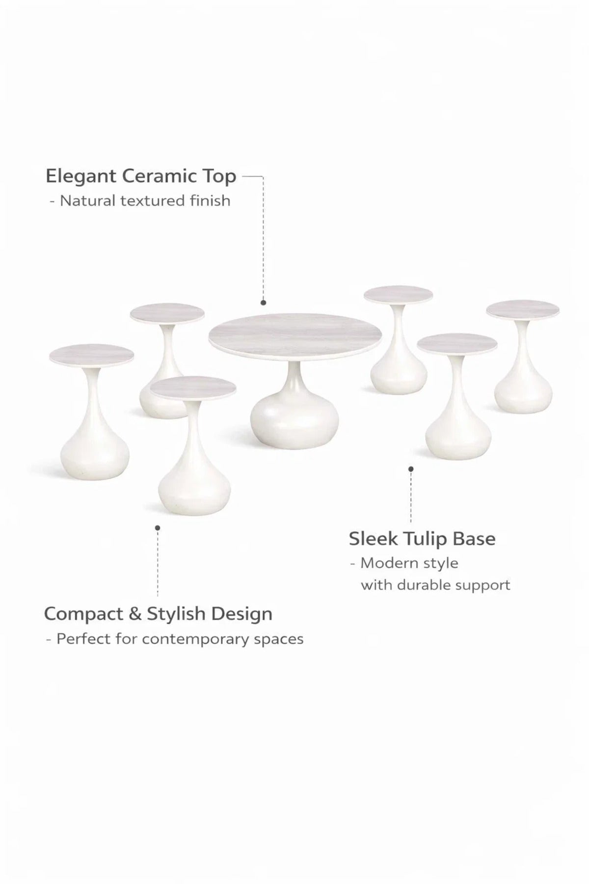 Luxury 7-Piece Ceramic Coffee Table Set Round Central Table and 6 Side Stands Light Grey Living Room