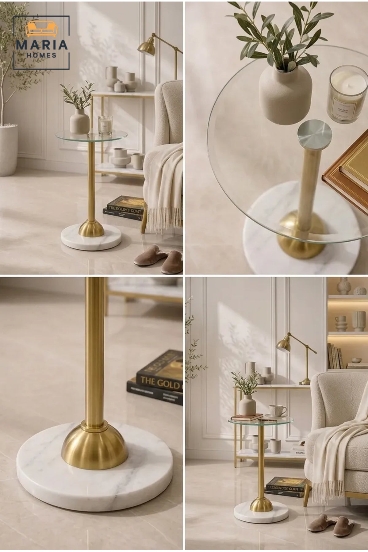 Luxury Round Glass Side Table with White Marble Base and Gold Metal Support