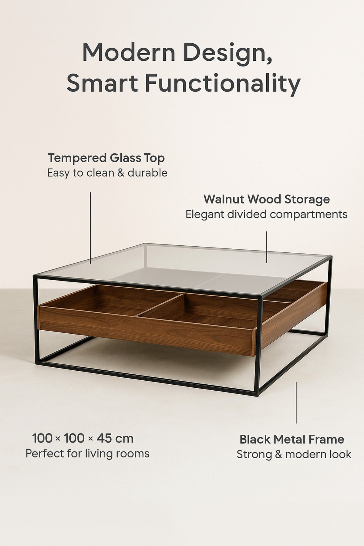 Walnut Coffee Table with Glass Top & Black Metal Frame Ð Modern Square 100_100_45 cm