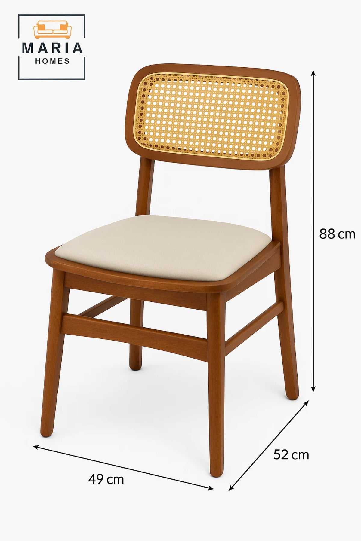 Wooden Dining Chair with Cane Backrest and Beige Upholstered Seat Ð Vintage Rattan Accent Chair