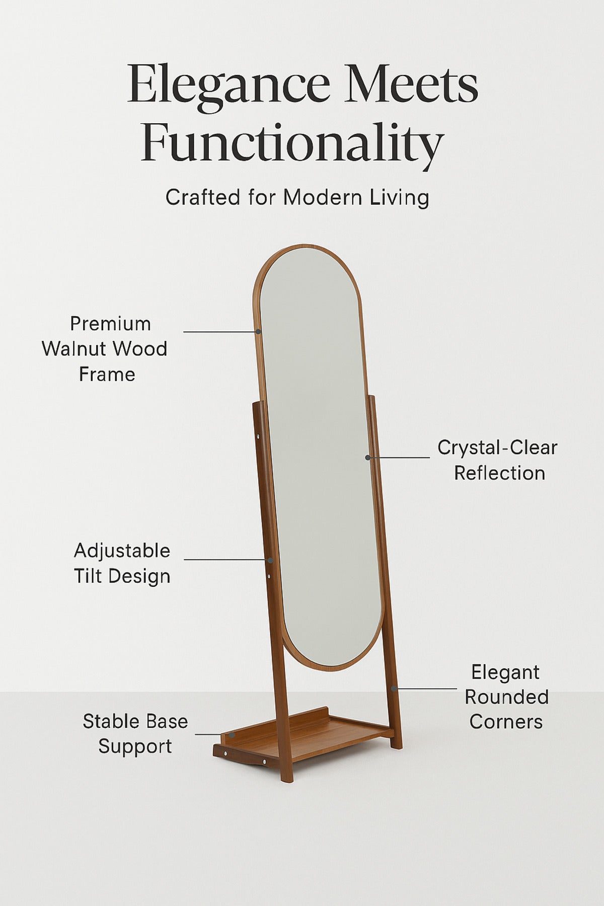 Full-Length Oval Standing Mirror 170_44_32 cm Ð Walnut Wood Frame Dressing Mirror with Base Shelf